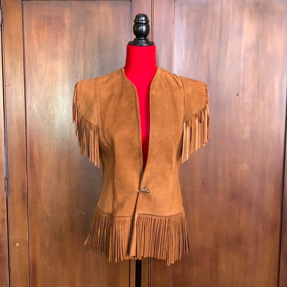 Vintage 70s Suede Fringe Vest M - Picture 2 of 10